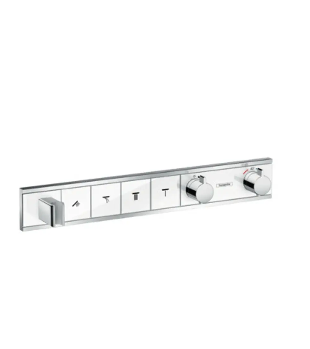 Thermostatsteuerung von Hansgrohe mit mehreren Bedienelementen für verschiedene Wasserverbraucher, in glänzendem Chrom mit klaren Symbolen zur Steuerung der Wasserzufuhr.